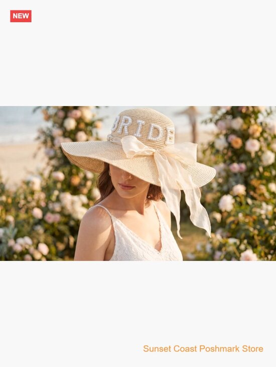 Women\'s Straw Wide Brim Sun Hat with Pearl Letter Patch for Bridal Wedding